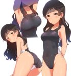  1girl 3: armpits arms_behind_back arms_up ass black_swimsuit blush breasts brown_eyes brown_hair competition_swimsuit cowboy_shot embarrassed enamasa highres idolmaster idolmaster_million_live! kitazawa_shiho long_hair looking_at_viewer looking_down medium_breasts multiple_views one-piece_swimsuit standing swimsuit wavy_hair wet 