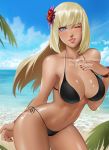  1girl ;) bangs beach bikini bikini_tan black_bikini blonde_hair blue_sky bracelet breasts cleavage commission contrapposto dark_skin day emilie_de_rochefort eyeliner flower hair_flower hair_ornament highres hime_cut jewelry large_breasts lili_(tekken) lips lipstick long_hair makeup nail_polish namco navel necklace nose ocean one_eye_closed pearl_necklace ragecndy shiny shiny_skin side-tie_bikini sky smile solo sweat swimsuit tan tanline tekken toned watermark 