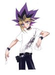  belt belt_collar black_pants bright_pupils card closed_mouth commentary_request cowboy_shot cropped_legs holding looking_at_viewer maruchi multicolored_hair pants pouch shirt short_sleeves simple_background smile spiky_hair standing violet_eyes white_background white_shirt wristband yami_yuugi yu-gi-oh! 