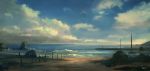  absurdres beach blue_sky clouds cloudy_sky comic feel_(nasitaki) fence highres no_humans ocean original rock sand scenery signature sky waves 