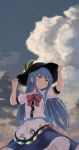  1girl :o arms_up bangs black_hat blue_hair blue_skirt blurry blush bow center_frills clouds cloudy_sky collared_shirt day depth_of_field frilled_skirt frills hands_on_headwear hat highres hinanawi_tenshi leaf long_hair looking_away looking_to_the_side medium_skirt momoiro_lettuce outdoors parted_lips purple_bow purple_neckwear rainbow_order red_eyes shirt short_sleeves sidelocks skirt sky solo straight_hair touhou very_long_hair white_shirt wing_collar 