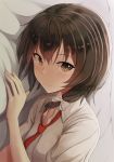  1girl :3 bangs bed_sheet blush bow brown_eyes brown_hair closed_mouth collared_shirt commentary_request eyebrows_visible_through_hair eyelashes fumei_(mugendai) hair_between_eyes hair_bow hair_over_shoulder long_hair lying necktie on_side pillow red_neckwear shirt short_sleeves smile solo touhou upper_body usami_renko white_bow wing_collar 