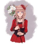  1girl absurdres animal_ears blonde_hair blue_eyes braid cat_ears choker corset demstouts dress eyebrows_visible_through_hair final_fantasy final_fantasy_xiv flower hair_flower hair_ornament highres holding long_hair looking_at_viewer miqo&#039;te parted_lips red_dress simple_background smile solo staff twin_braids upper_body white_mage 