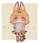  1girl animal_ears belt blonde_hair blush bucket_hat commentary_request eyebrows_visible_through_hair feathers full_body hat high-waist_skirt hn_(artist) kemono_friends multicolored_hair serval_(kemono_friends) serval_ears serval_print serval_tail short_hair signature skirt solo tail tearing_up tears thigh-highs yellow_eyes zettai_ryouiki 