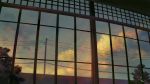  clouds cloudy_sky commentary_request feel_(nasitaki) gradient_sky indoors no_humans original outdoors power_lines scenery signature sky sunset telephone_pole tree wall window 