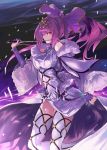  1girl absurdres bangs breasts dress fate/grand_order fate_(series) fur_trim hair_between_eyes hair_ribbon highres large_breasts long_hair looking_at_viewer ohland ponytail purple_dress purple_hair purple_legwear purple_ribbon red_eyes ribbon scathach_(fate)_(all) scathach_skadi_(fate/grand_order) solo thighs tiara wand wide_sleeves wind wind_lift 
