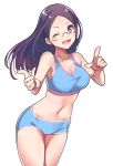  1girl ;d black_hair breasts cleavage collarbone cowboy_shot glasses konnyaku_(kk-monmon) legs_together long_hair navel one_eye_closed open_mouth saitou_kaede_(yama_no_susume) simple_background smile solo sports_bikini sports_bra violet_eyes white_background yama_no_susume 