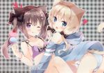  2girls :o ;q absurdres animal_ears bangs bare_shoulders black_bow blonde_hair blue_eyes blue_jacket blue_panties blush bow bra breasts brown_hair cat_ears cat_tail cleavage closed_mouth collarbone double_scoop eyebrows_visible_through_hair fang fingernails food hair_between_eyes hair_bow head_tilt heart highres holding holding_food hood hood_down hooded_jacket hoshi_(snacherubi) huge_filesize ice_cream ice_cream_cone jacket long_hair looking_at_viewer looking_to_the_side multiple_girls nail_polish one_eye_closed open_mouth original panties plaid plaid_background purple_bra purple_nails small_breasts smile tail tail_raised tongue tongue_out twintails underwear violet_eyes 