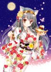  1girl alternate_costume animal_ears breasts brown_eyes bug butterfly cowboy_shot food grey_hair hair_ornament hairband hairclip haruna_(kantai_collection) holding holding_food holding_spoon insect japanese_clothes kantai_collection kimono large_breasts long_hair looking_at_viewer moon night night_sky shigunyan sky smile solo spoon star_(sky) starry_sky yukata 