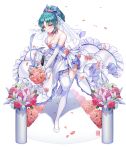  1girl bangs bare_shoulders blue_hair blush bouquet bow box_(hotpppink) breasts bridal_veil choker detached_sleeves dress earrings floral_print flower frilled_dress frills gem gun hair_bow hair_ornament handgun high_heels holding holding_bouquet holding_weapon jewelry lily_(flower) long_sleeves looking_at_viewer necklace original pearl pendant petals pink_flower pink_rose pistol ponytail red_flower red_rose ribbon rose shoes signature simple_background solo standing standing_on_one_leg striped striped_bow striped_ribbon thigh-highs veil violet_eyes weapon wedding wedding_dress white_background white_footwear white_legwear 