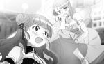  &gt;:o 2girls bangs blunt_bangs blurry blurry_background breasts chin_rest china_dress chinese_clothes cleavage cleavage_cutout commentary_request double_bun dress eyebrows_visible_through_hair floating greyscale hair_down half_updo hand_on_own_cheek houjou_karen idolmaster idolmaster_cinderella_girls kamiya_nao long_hair looking_down medium_breasts monochrome multiple_girls open_mouth rn_p thick_eyebrows 