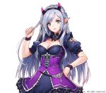  1girl [saw] breasts cleavage closed_mouth corset destiny_of_crown dress hairband highres horns large_breasts long_hair looking_at_viewer pointy_ears puffy_short_sleeves puffy_sleeves short_sleeves silver_hair solo watermark white_background wrist_cuffs 