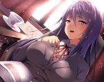  1girl ayagi_daifuku bangs blazer blush book breasts brown_sweater buttons collared_shirt cup curtains day doki_doki_literature_club dress_shirt dutch_angle eyebrows_visible_through_hair grey_jacket hair_between_eyes hair_ornament hairclip half-closed_eyes hand_on_own_chest hand_up head_tilt impossible_jacket indoors jacket large_breasts light_particles long_hair long_sleeves looking_at_viewer neck_ribbon open_book open_mouth purple_hair red_ribbon ribbon saucer school_uniform shiny shiny_hair shirt sidelocks sitting solo sunlight sweatdrop sweater table teacup upper_body window wing_collar wooden_table yuri_(doki_doki_literature_club) 