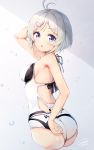  1girl :o antenna_hair arm_up armpits ass back bangs bare_arms bare_shoulders black_ribbon blush breasts casual_one-piece_swimsuit cropped_legs dennou_shoujo_youtuber_shiro eyebrows_visible_through_hair from_behind grey_background grey_hair hair_ornament hairclip highres looking_at_viewer looking_back medium_breasts one-piece_swimsuit open_mouth parted_bangs ribbon shiro_(dennou_shoujo_youtuber_shiro) short_hair sideboob signature solo sora_from_france swimsuit thighs virtual_youtuber water_drop wet white_swimsuit 