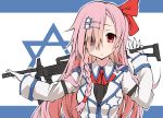  1girl absurdres arm_strap bangs blush bow braid breasts collared_jacket eyebrows_visible_through_hair eyes_visible_through_hair girls_frontline gloves grey_shirt gun hair_between_eyes hair_bow hair_ornament hair_ribbon hairclip hexagram highres holding holding_gun holding_weapon imi_negev israel israel_flag long_hair looking_at_viewer negev_(girls_frontline) one_side_up pink_hair red_bow red_eyes red_neckwear ribbon sakakiba_misogi shirt side_braid sidelocks smile solo star_of_david weapon white_gloves 