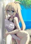  against_wall artist_name bare_shoulders blonde_hair blue_eyes breast_press breasts commentary cowboy_shot day fate/grand_order fate_(series) glasses hands_on_wall highres hips jeanne_d&#039;arc_(fate)_(all) jeanne_d&#039;arc_(swimsuit_archer) large_breasts leaning leaning_to_the_side long_hair ocean one-piece_swimsuit ponytail shade shadow swimsuit thighs tokihama_jirou tree tree_shade wall white_swimsuit wooden_wall 