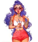  1girl arm_tattoo arms_up blue_hair bracelet bubble_tea commentary crop_top cup drinking_glass drinking_straw english_commentary fish glasses highres holding holding_cup jacquelin_deleon jewelry long_hair mermaid monster_girl nail_polish navel neck_tattoo nose_piercing original piercing pink_shorts red_nails shirt shorts simple_background solo stomach tattoo white_background white_shirt 