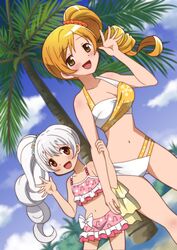  2girls alternate_hairstyle bikini blonde_hair blue_sky brown_eyes clouds collarbone commentary_request day drill_hair dutch_angle long_hair looking_at_viewer mahou_shoujo_madoka_magica mahou_shoujo_madoka_magica_movie momoe_nagisa multicolored multicolored_bikini multicolored_clothes multiple_girls navel onomekaman outdoors palm_tree pink_bikini polka_dot polka_dot_bikini side_ponytail sky swimsuit symmetry tomoe_mami tree waving white_hair yellow_eyes 