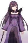  1girl bangs breasts brown_legwear collarbone commentary_request dress fate/grand_order fate_(series) feather_trim gradient gradient_background grey_background hair_between_eyes head_tilt headpiece highres holding holding_wand large_breasts long_hair long_sleeves looking_at_viewer pantyhose parted_lips purple_dress purple_hair red_eyes scathach_(fate)_(all) scathach_skadi_(fate/grand_order) see-through shibainu sidelocks sleeves_past_wrists solo standing standing_on_one_leg very_long_hair wand white_background wide_sleeves 