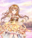  braid breasts brown_eyes brown_hair butterfly_hair_ornament closed_mouth clouds commentary girls_frontline hair_ornament hairclip hanbok hand_up k-2_(girls_frontline) korean_clothes lake layered_skirt long_hair long_sleeves medium_breasts mutang outdoors pleated_skirt see-through single_braid skirt sky smile standing sunlight sunset tree very_long_hair water yellow_skirt 