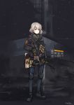  1girl absurdres ammunition artist_request commentary_request gas_mask girls_frontline gloves grey_hair gun highres holding holding_gun holding_weapon jacket knee_pads kriss_vector molotov_cocktail shoes shorts solo submachine_gun tom_clancy&#039;s_the_division tomahawk vector_(girls_frontline) weapon yellow_eyes 