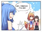  3girls animal_ears blue_eyes blue_hair blush breasts brown_hair closed_mouth collarbone comic elbow_gloves english eyebrows_visible_through_hair firefox fox_ears fox_tail gloves hair_ornament highres hinghoi internet_explorer large_breasts legend_of_mana looking_at_another multiple_girls open_mouth orange_skirt os-tan seiken_densetsu short_hair skirt smile speech_bubble tail white_gloves 