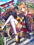  1girl animal_ear_fluff animal_ears bell blue_eyes blue_sky brown_hair cat cat_ears cat_tail day detached_sleeves dutch_angle hair_ribbon interitio japanese_clothes jingle_bell kimono lantern leaf long_hair nekomata official_art orange_ribbon paw_pose ribbon sidelocks sky solo stairs tail tassel tenka_touitsu_chronicle thigh-highs torii tree watermark white_legwear wide_sleeves 