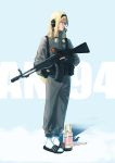  1girl alcohol an-94 an-94_(girls_frontline) assault_rifle blonde_hair blue_eyes bottle character_name commentary_request girls_frontline gun highres ihobus korean_commentary rifle sandals socks solo standing track_suit vodka weapon 