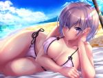  1girl 3: beach bikini blanket breasts cleavage clouds collarbone commentary_request fate/grand_order fate_(series) hair_tucking hand_on_own_cheek highres large_breasts lavender_hair lens_flare lying mash_kyrielight on_side short_hair side-tie_bikini sky solo swimsuit tdnd-96 violet_eyes wet wet_hair 