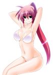  1girl arms_behind_back arms_up bikini breasts cleavage collarbone engo_(aquawatery) groin large_breasts long_hair lyrical_nanoha navel pink_hair ponytail signum sitting solo swimsuit white_bikini 