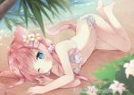  1girl absurdres animal_ears arms_up bare_arms bare_legs bare_shoulders barefoot beach bikini blue_eyes blurry blurry_foreground blush breasts cat_ears cat_girl cat_tail closed_mouth day depth_of_field fingernails flower hair_flower hair_ornament hair_scrunchie hairclip highres hoshi_(snacherubi) huge_filesize layered_bikini long_hair looking_at_viewer lying navel on_side one_eye_closed original outdoors palm_tree pink_bikini pink_hair sand scrunchie small_breasts solo swimsuit tail tree water white_flower white_scrunchie 