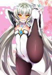  1girl arm_behind_head blush code:_battle_seraph_(elsword) crown elsword eve_(elsword) facial_mark flat_chest forehead_jewel highres holding_leg long_hair open_mouth silver_hair solo steelycross sweatdrop very_long_hair yellow_eyes 