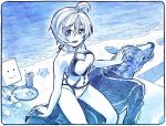  1girl ahoge animal breasts dennou_shoujo_youtuber_shiro drinking_straw food fruit glass holding holding_tray looking_at_viewer monochrome open_mouth sakino_shingetsu shiro_(dennou_shoujo_youtuber_shiro) sitting star swimsuit tray virtual_youtuber watermark waves 