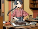  1girl adrian_ferrer anchor_symbol bag birthday_cake black_eyes black_hair bottle bowl cake commentary counter cupboard english_commentary floral_print food hakama_skirt hand_on_hip houshou_(kantai_collection) jar kantai_collection mittens mixing_bowl paper_bag pointing ponytail solo 