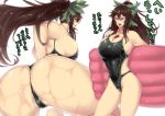  ass bow breasts brown_hair collarbone contrapposto covered_navel cowboy_shot green_bow hair_bow huge_ass huge_breasts long_hair one-piece_swimsuit ponytail red_eyes reiuji_utsuho standing swimsuit tobisawa touhou translation_request wet white_background 