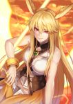  1girl armor blonde_hair bracelet brooch closed_mouth clouds collarbone fate/grand_order fate_(series) head_wings jewelry long_hair looking_at_viewer orange_background re_(re_09) red_eyes sky smile solo thrud_(fate/grand_order) upper_body valkyrie_(fate/grand_order) 