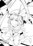  1girl ascot bow crystal flandre_scarlet frills hat highres hiyuu_(flying_bear) medium_hair mob_cap monochrome no_shoes puffy_short_sleeves puffy_sleeves ribbon shirt short_sleeves side_ponytail simple_background skirt smile socks solo touhou vest white_background wings 