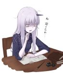 1girl albino bags_under_eyes bangs book chair commentary_request desk drooling fate/grand_order fate_(series) grey_hair horn inkwell kitano_(kitanosnowwhite) lavinia_whateley_(fate/grand_order) long_hair messy_hair pale_skin paper pen pink_eyes saliva sleepy solo translated upper_body 