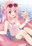  1girl :d absurdres afloat armpits bare_arms bare_shoulders bendy_straw blush bracelet breasts casual_one-piece_swimsuit collarbone cup day drinking_glass drinking_straw eyewear_on_head food frilled_swimsuit frills hair_bun heart highres holding holding_cup hoshi_(snacherubi) ice_cream ice_cream_float innertube jewelry long_hair medium_breasts one-piece_swimsuit open_mouth original outdoors pink_hair red-framed_eyewear red_eyes red_innertube side_bun smile solo sunglasses swimsuit transparent very_long_hair water white_swimsuit 