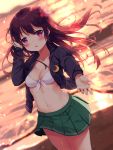  1girl bangs bikini_top black_jacket blurry blurry_background blush collarbone commentary_request crescent crescent_moon_pin depth_of_field dutch_angle eyebrows_visible_through_hair ezoshika fingernails front-tie_bikini front-tie_top green_skirt hair_between_eyes hair_ornament highres jacket kantai_collection kisaragi_(kantai_collection) long_hair long_sleeves navel open_clothes open_jacket outdoors parted_lips pleated_skirt purple_hair skirt smile solo standing sunset very_long_hair violet_eyes white_bikini_top 