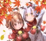  2girls amaoto_kaeru autumn autumn_leaves bird_tail black_hair blush brown_hair commentary_request eating eurasian_eagle_owl_(kemono_friends) fang food food_on_face fur_trim hand_on_own_head head_wings kemono_friends leaf looking_up maple_leaf mittens multicolored_hair multiple_girls northern_white-faced_owl_(kemono_friends) open_mouth potato scarf shared_scarf sweet_potato two-tone_hair white_hair yakiimo 