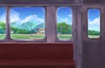  absurdres biako blue_sky brick_wall clouds commentary_request day hedge_(plant) highres house interior mountain no_humans original power_lines revision rice_paddy road rural scenery seat sky telephone_pole train_interior tree water window 