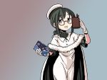  1girl adrian_ferrer beret bespectacled black_hair book cape cosplay cowboy_shot cup dress fubuki_(kantai_collection) glasses gloves gradient gradient_background hat i-8_(kantai_collection) i-8_(kantai_collection)_(cosplay) kantai_collection low_ponytail mug open_mouth smile solo white_dress white_gloves 