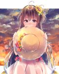  1girl ahoge blush brown_eyes brown_hair clouds cloudy_sky commentary_request covered_mouth dress fingernails flower hair_flower hair_ornament hat hat_removed headwear_removed holding holding_hat long_hair looking_at_viewer nemuri_nemu original sky solo sun_hat sunset very_long_hair white_dress yellow_flower 