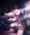  1girl animal artist_name blue_eyes cat closed_mouth commentary_request english fluffy fluffy_hair han_seung_hee holding holding_animal korean_commentary lips long_hair looking_at_viewer mechanical_leg mechanical_paw mixed-language_commentary original partial_commentary pink_lips serious shaded_face solo veins wavy_hair white_cat 