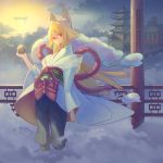 1girl absurdres animal_ear_fluff animal_ears architecture blonde_hair closed_mouth commentary_request copyright_request east_asian_architecture feel_(nasitaki) fog fox_ears grey_pants hair_between_eyes hand_up highres holding japanese_architecture japanese_clothes long_hair long_sleeves pants red_eyes sash solo torii wide_sleeves