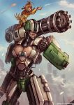  2girls android bastion_(overwatch) blue_sky blush_stickers breasts cleavage cleavage_cutout clenched_hand closed_eyes clouds fire ganymede_(overwatch) gatling_gun genderswap genderswap_(mtf) giantess grin humanization kachima large_breasts lips minigun multiple_girls overwatch personification pointing sky smile watermark web_address 