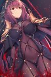  1girl bodysuit breasts commentary_request covered_navel dual_wielding expressionless fate/grand_order fate_(series) feng_mouren flower gae_bolg hair_intakes highres holding holding_weapon large_breasts long_hair looking_to_the_side pauldrons polearm purple_bodysuit purple_hair red_eyes scathach_(fate)_(all) scathach_(fate/grand_order) shoulder_armor solo spear spider_lily veil weapon 