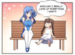  2girls bench blue_eyes blue_hair blush breasts brown_hair closed_mouth dress hair_ornament hairclip highres hinghoi internet_explorer large_breasts multiple_girls open_mouth original red_eyes sandals side_ponytail sitting sundress thigh-highs tied_hair twintails white_legwear 