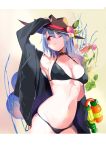  1girl arm_up armpits bangs bare_shoulders beige_background bikini black_bikini black_choker black_jacket blue_hair breasts brown_hat choker collarbone commentary_request cowboy_shot eyebrows_visible_through_hair fedora flower food fruit groin hair_between_eyes halterneck hat highres hinanawi_tenshi jacket leaf long_hair long_sleeves looking_up medium_breasts navel off_shoulder one_eye_closed open_clothes open_jacket parted_lips peach pink_flower red_eyes red_flower skindentation solo standing stomach swimsuit tetsurou_(fe+) thighs touhou tulip two-tone_background white_background 